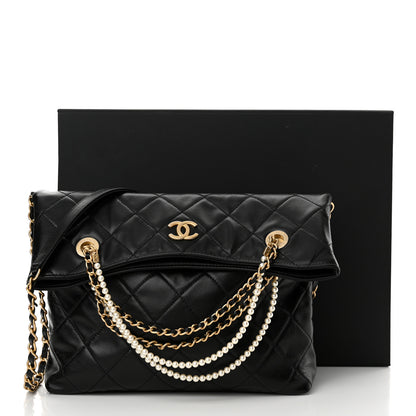 Chanel Calfskin Quilted Crystal Pearls Fold Over Shopping Tote Black 11 of 11