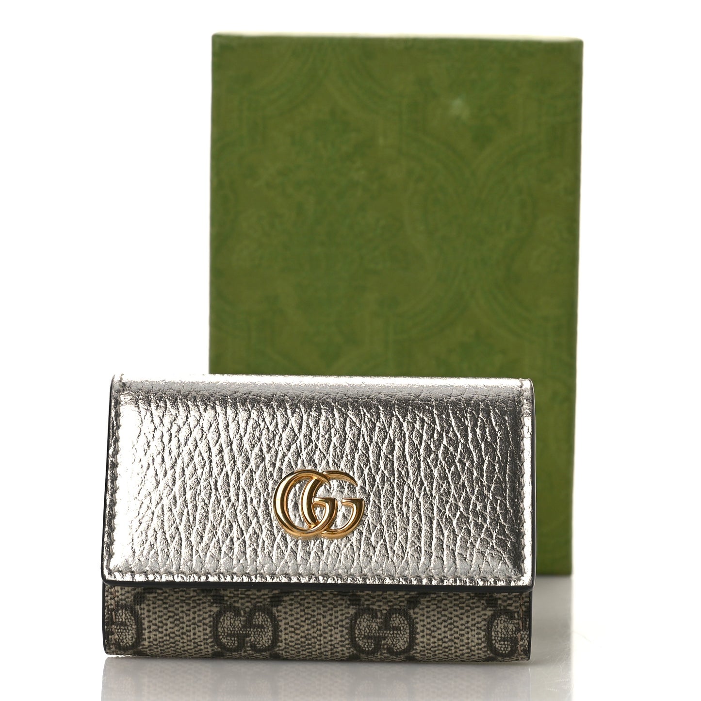 Metallic Calfskin GG Supreme Monogram GG Marmont 6 Key Holder Case Silver Beige Ebony