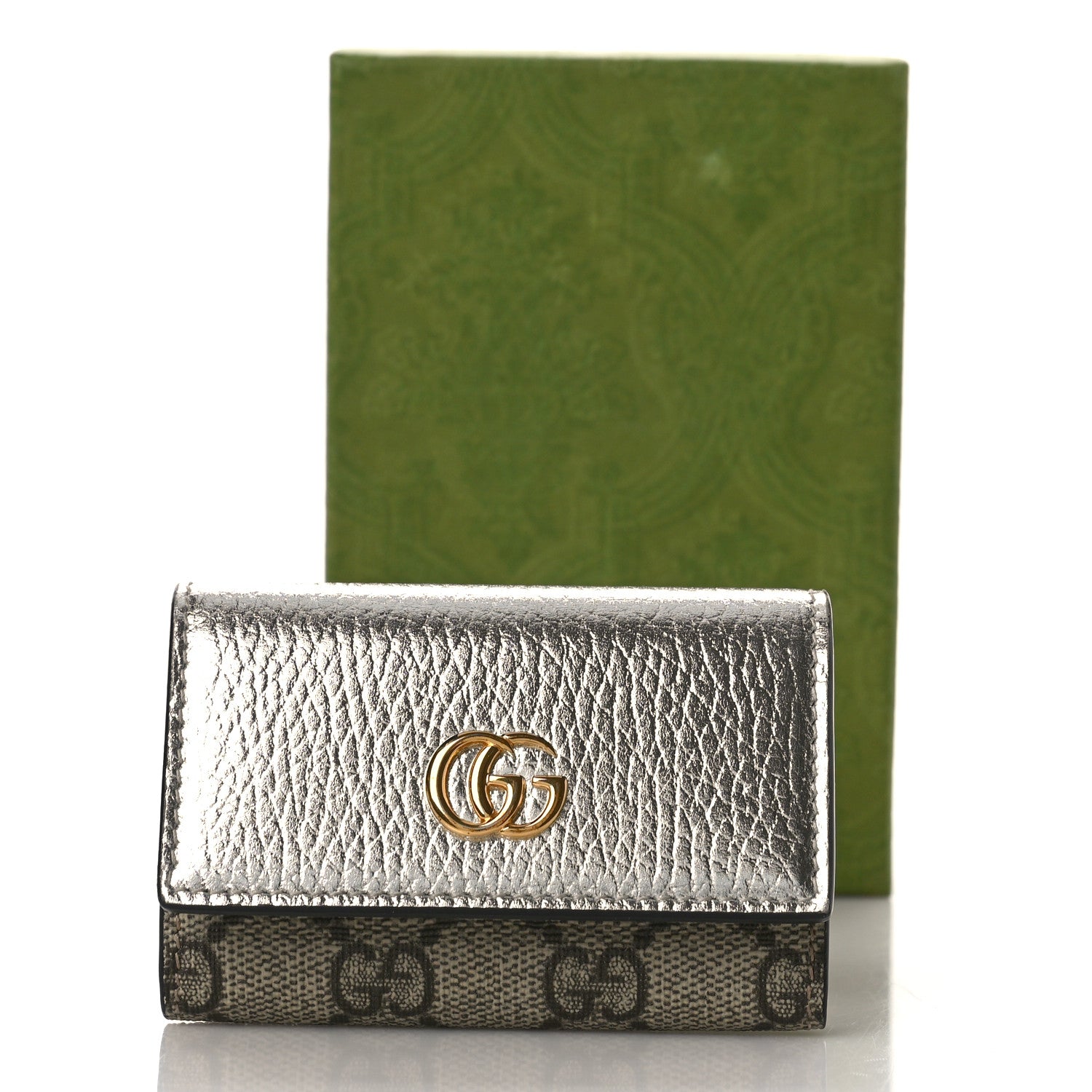 Gucci Metallic Calfskin GG Supreme Monogram GG Marmont 6 Key Holder Case Silver Beige Ebony 9 of 9