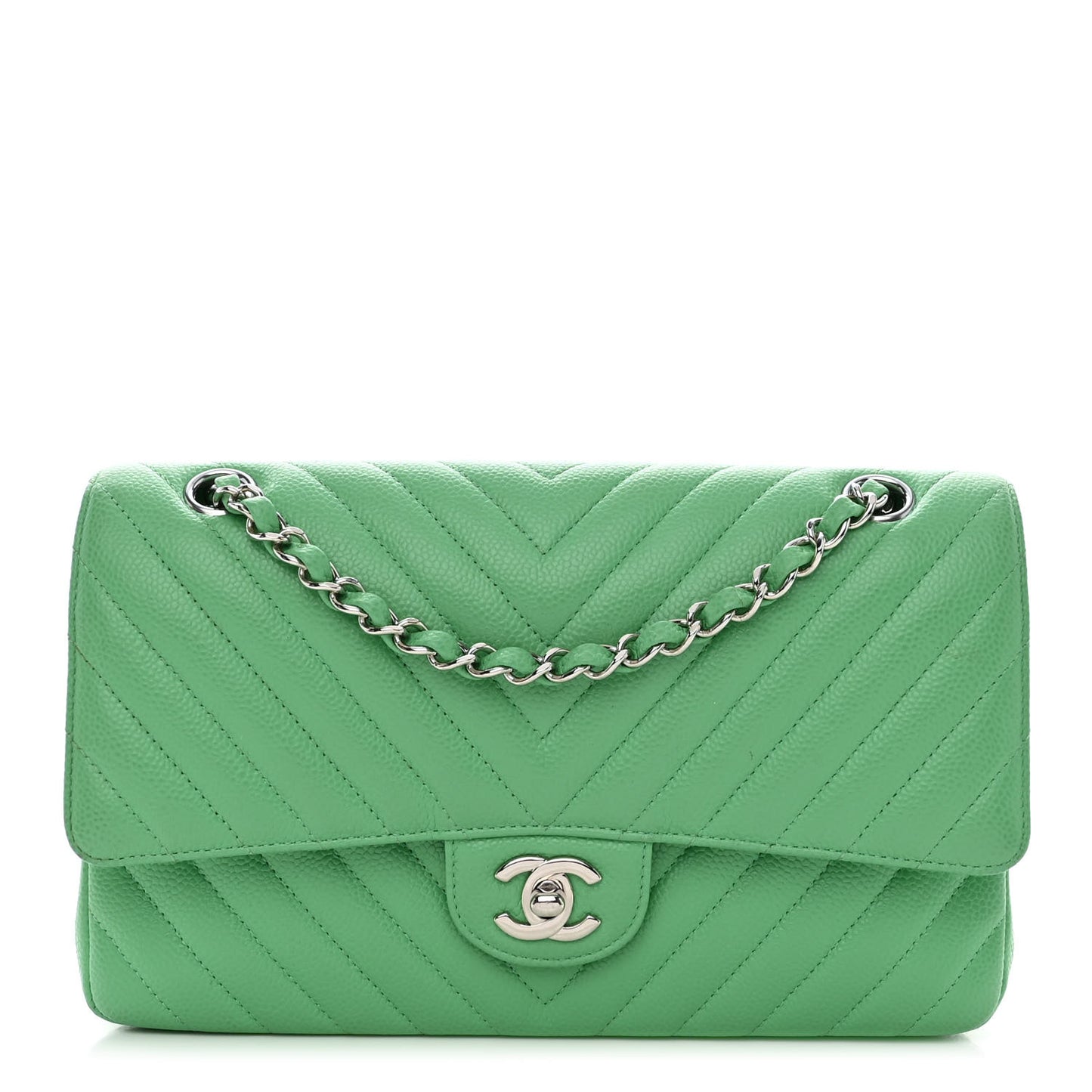 Caviar Chevron Quilted Medium Double Flap Green