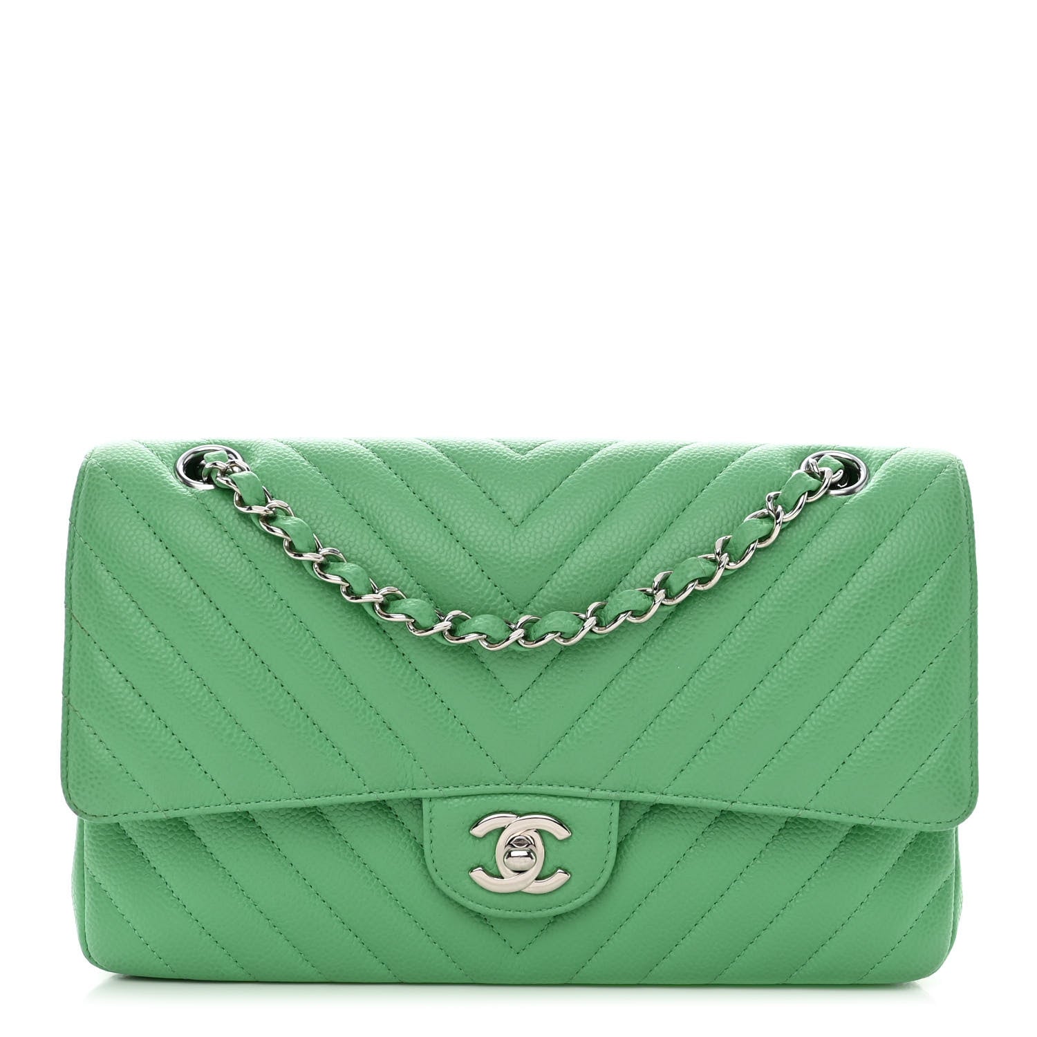 Chanel Caviar Chevron Quilted Medium Double Flap Green 1 of 12