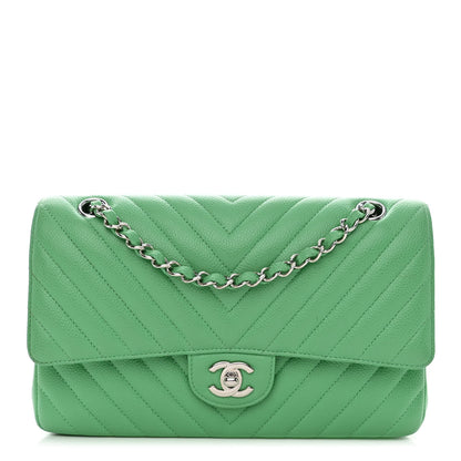 Chanel Caviar Chevron Quilted Medium Double Flap Green 1 of 12