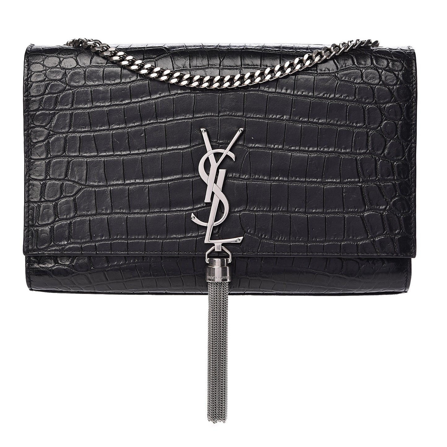 Calfskin Crocodile Embossed Medium Classic Monogram Kate Tassel Satchel Black