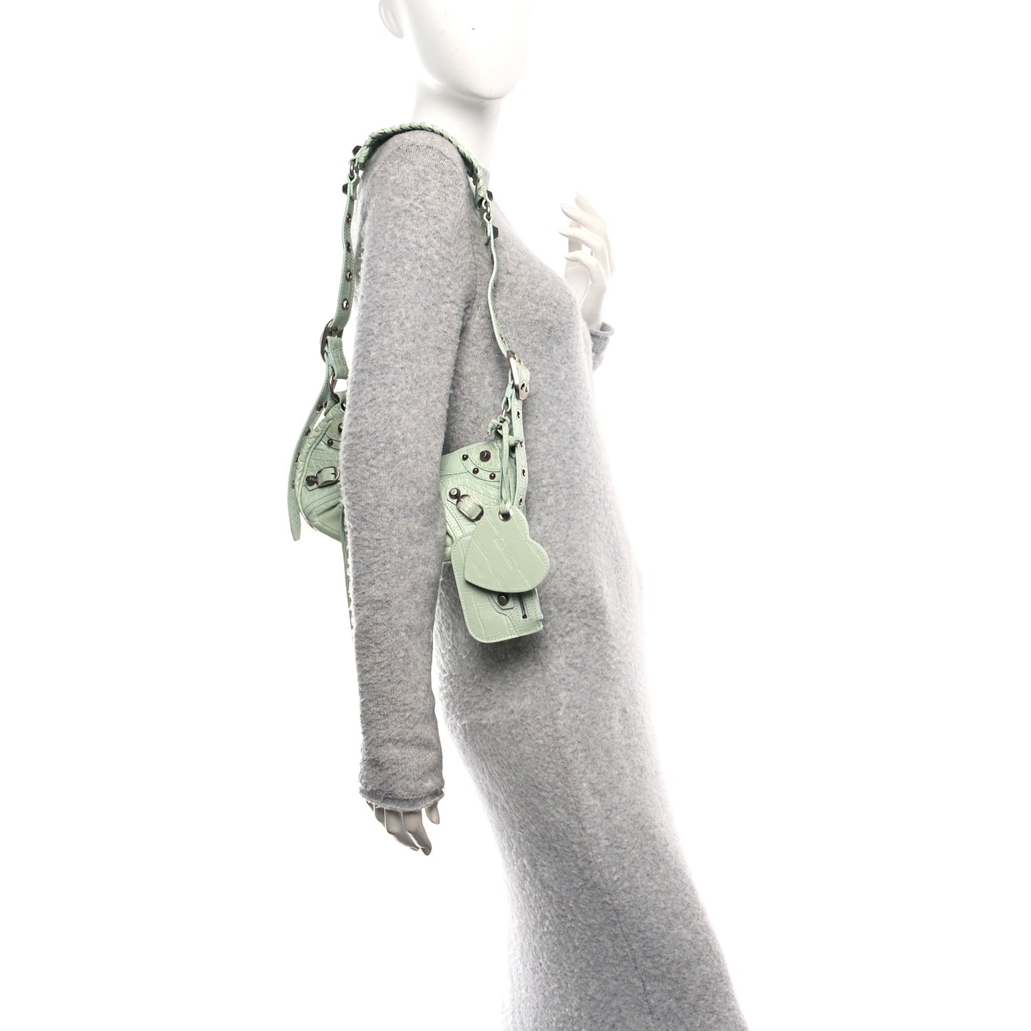 Extra Supple Calfskin Crocodile Embossed Le Cagole Shoulder Bag XS Light Green