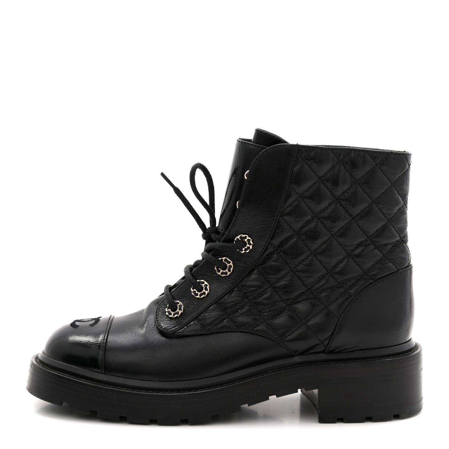 Shiny Goatskin Calfskin Quilted Lace Up Combat Boots 38.5 Black