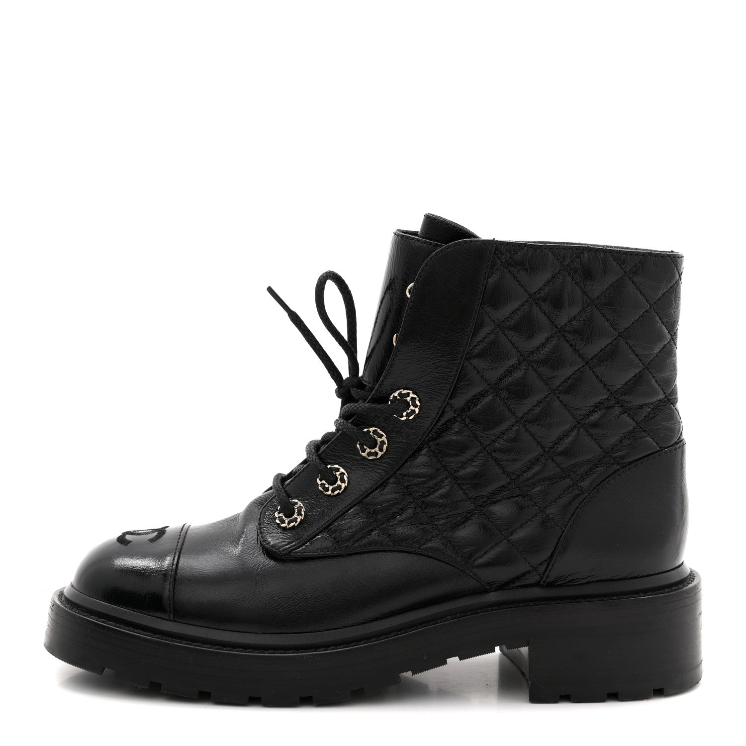 Chanel Shiny Goatskin Calfskin Quilted Lace Up Combat Boots 38.5 Black 1 of 9