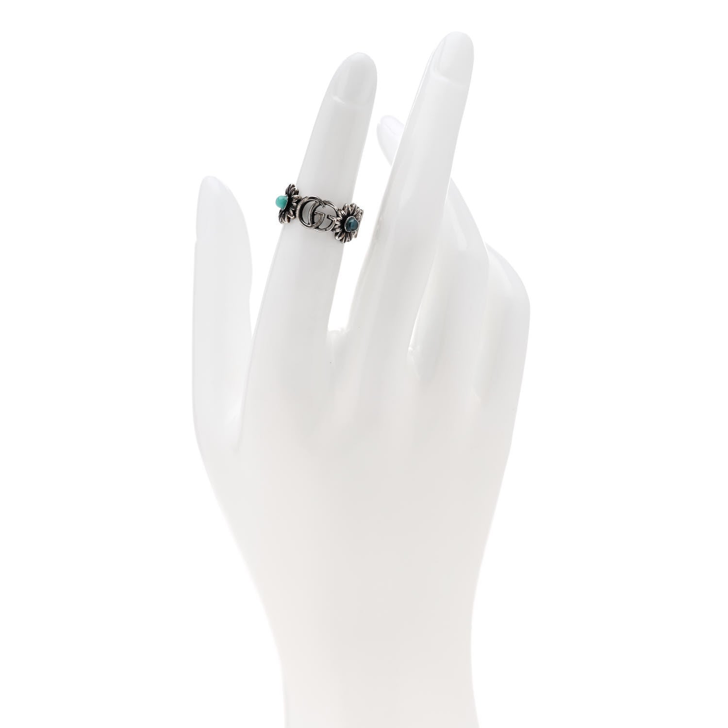 Gucci Sterling Silver Topaz Mother of Pearl Turquoise Resin Double G Flower Ring 49 5 2 of 7