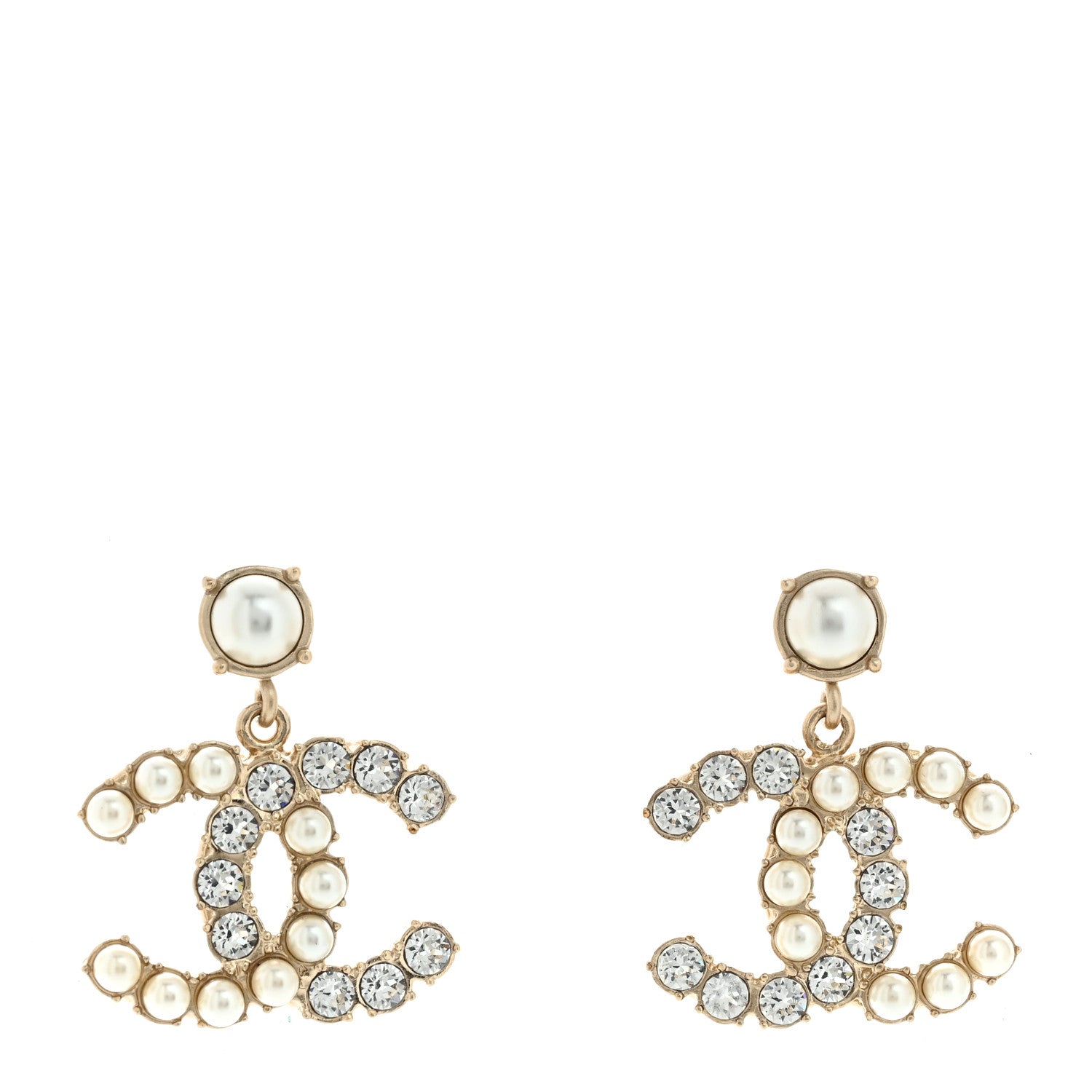 Chanel Crystal Pearl Dazzling Domino CC Drop Earrings Gold 1 of 5