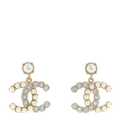 Chanel Crystal Pearl Dazzling Domino CC Drop Earrings Gold 1 of 5