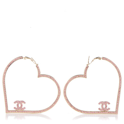 Chanel Swarovski Crystal CC Heart Hoop Earrings Pink 1 of 5
