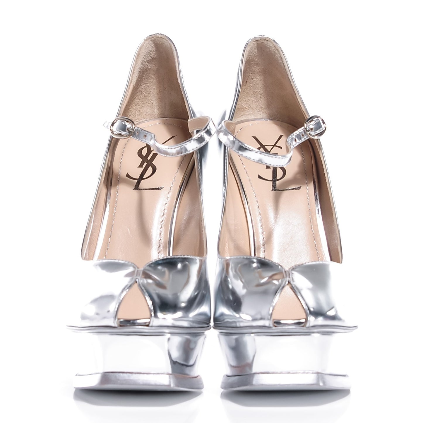 Vitello Vernice Tribute 105 Mary Jane Peep Toe Platform Pumps 37 7 Silver