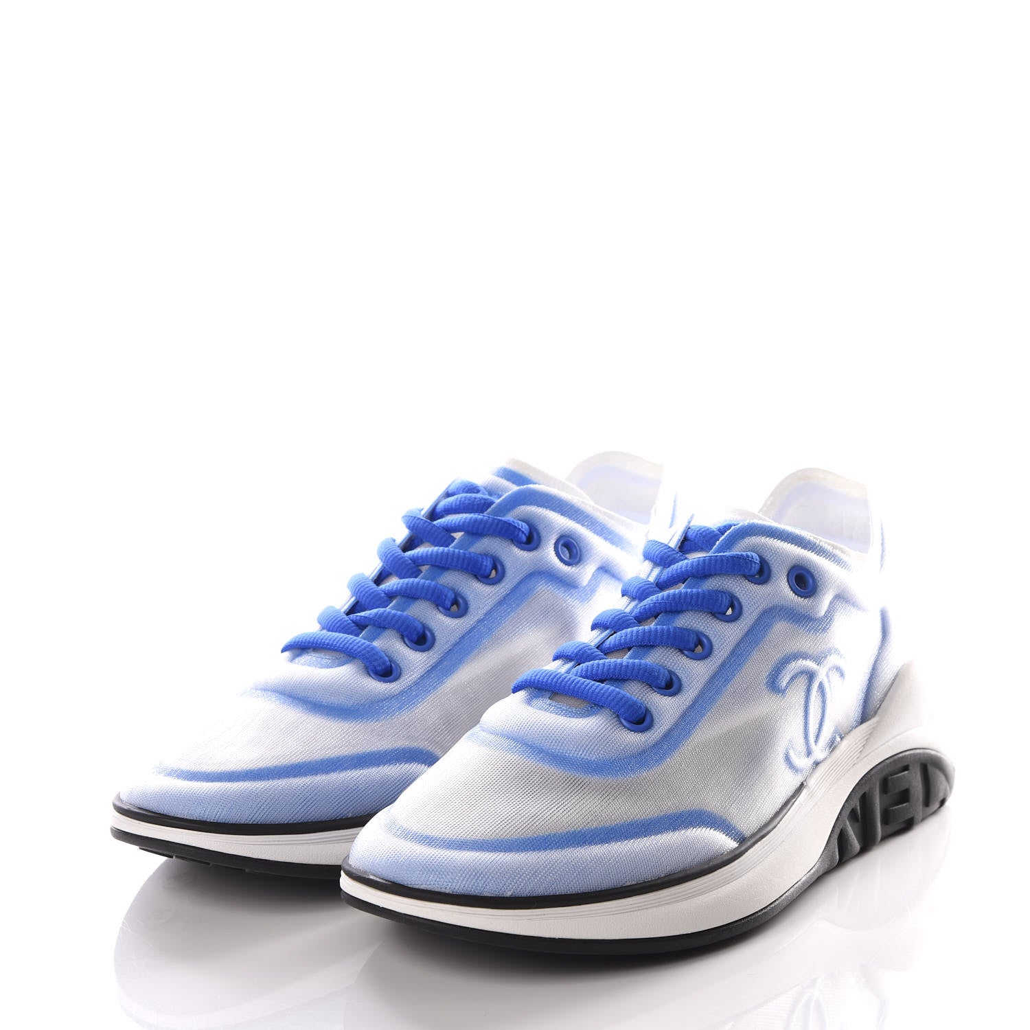 Chanel Calfskin Mesh Lycra Womens Logo Sneakers 36.5 White Blue 2 of 8