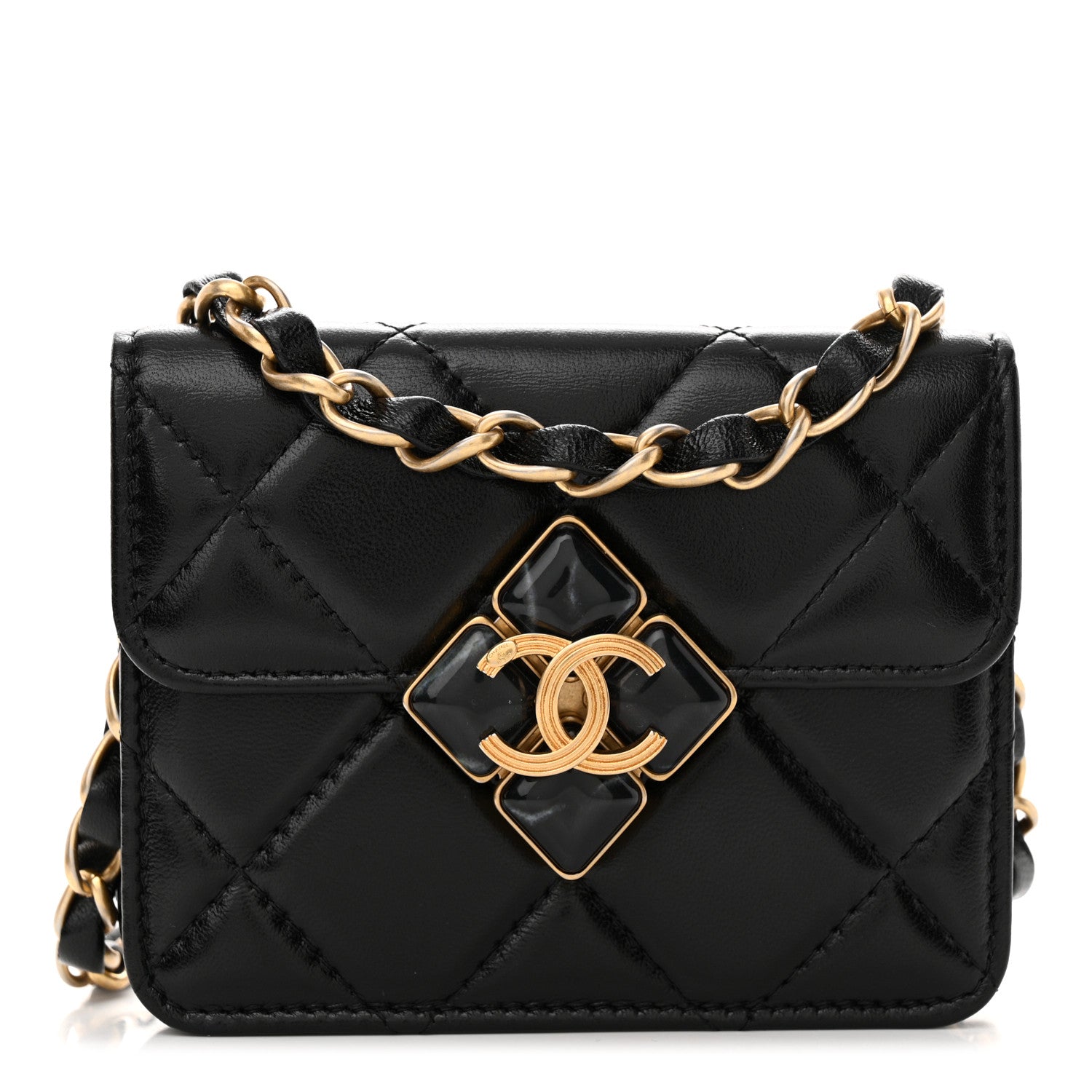 Chanel Lambskin Quilted Diamond Lock Card Holder On Chain Black 1 of 11