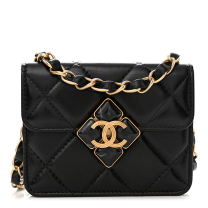 Chanel Lambskin Quilted Diamond Lock Card Holder On Chain Black 1 of 11