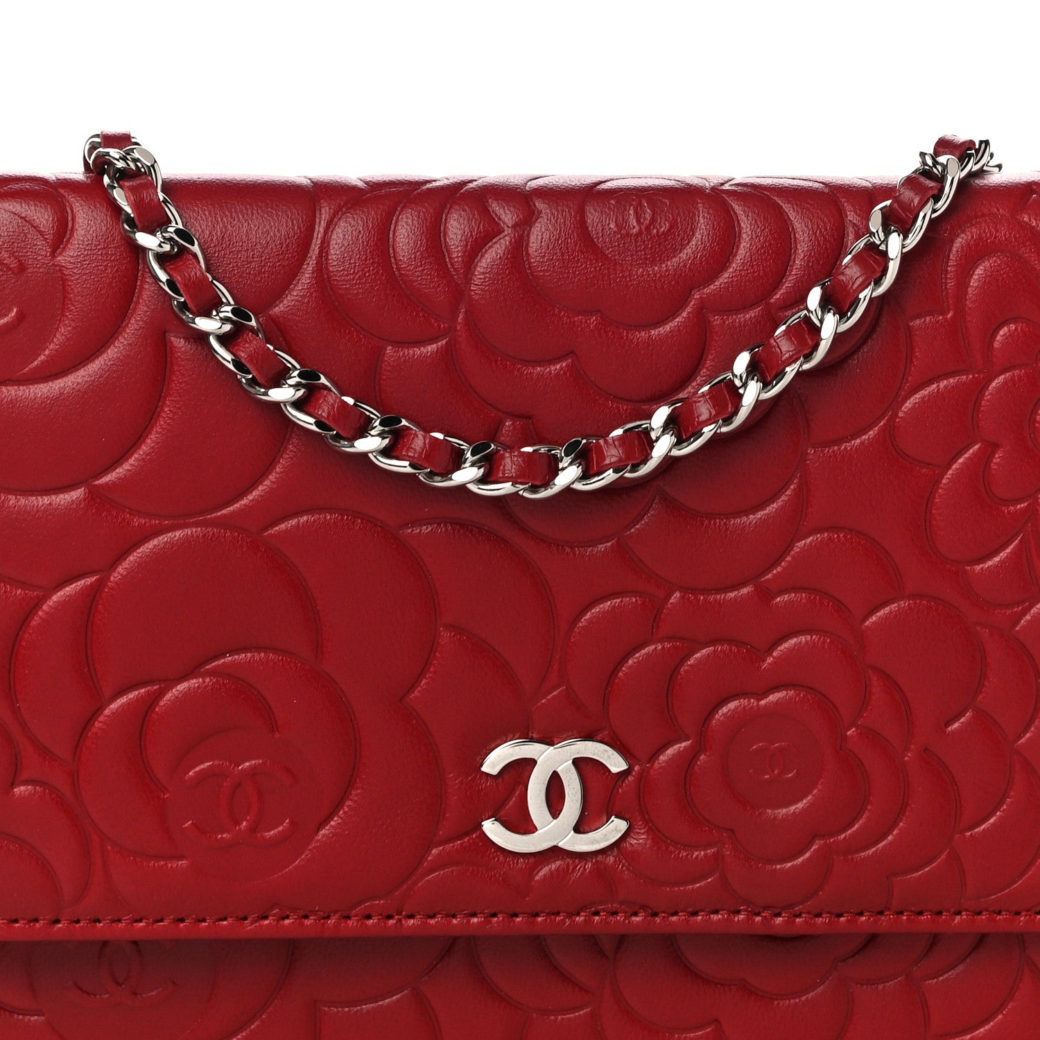 Chanel Lambskin Camellia Embossed Wallet On Chain WOC Red 9 of 12