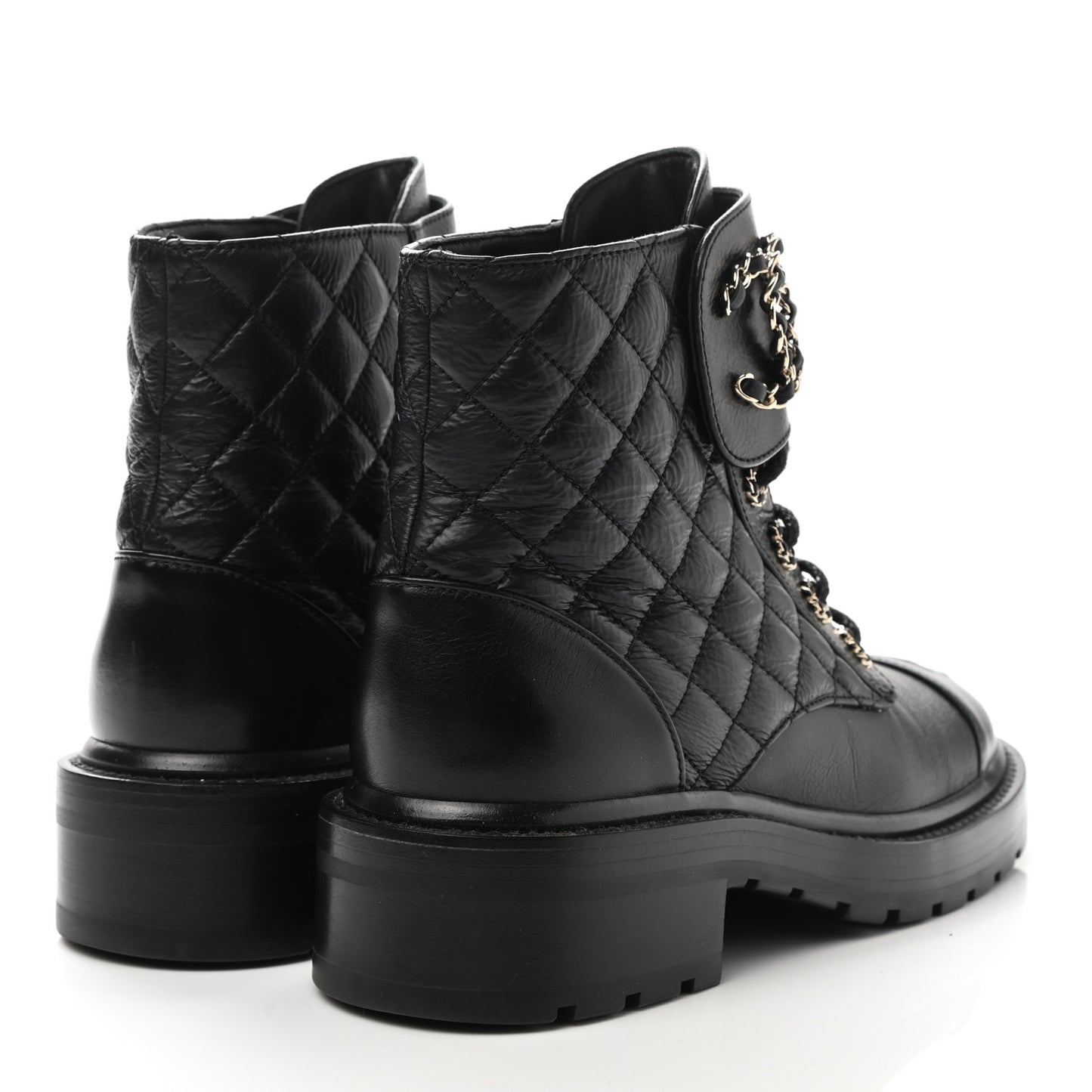Shiny Goatskin Calfskin Quilted Lace Up Combat Boots 36 Black