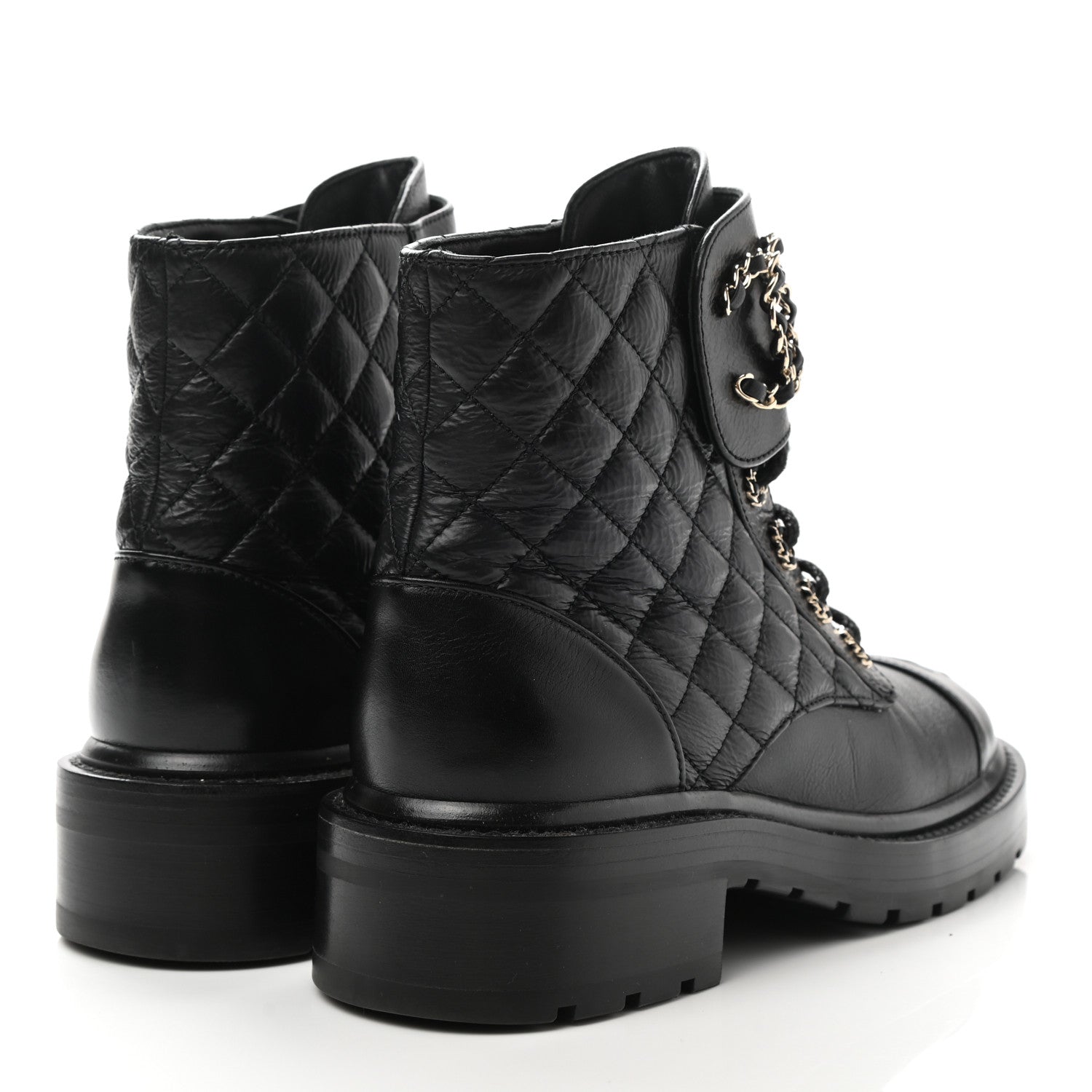 Chanel Shiny Goatskin Calfskin Quilted Lace Up Combat Boots 36 Black 4 of 10