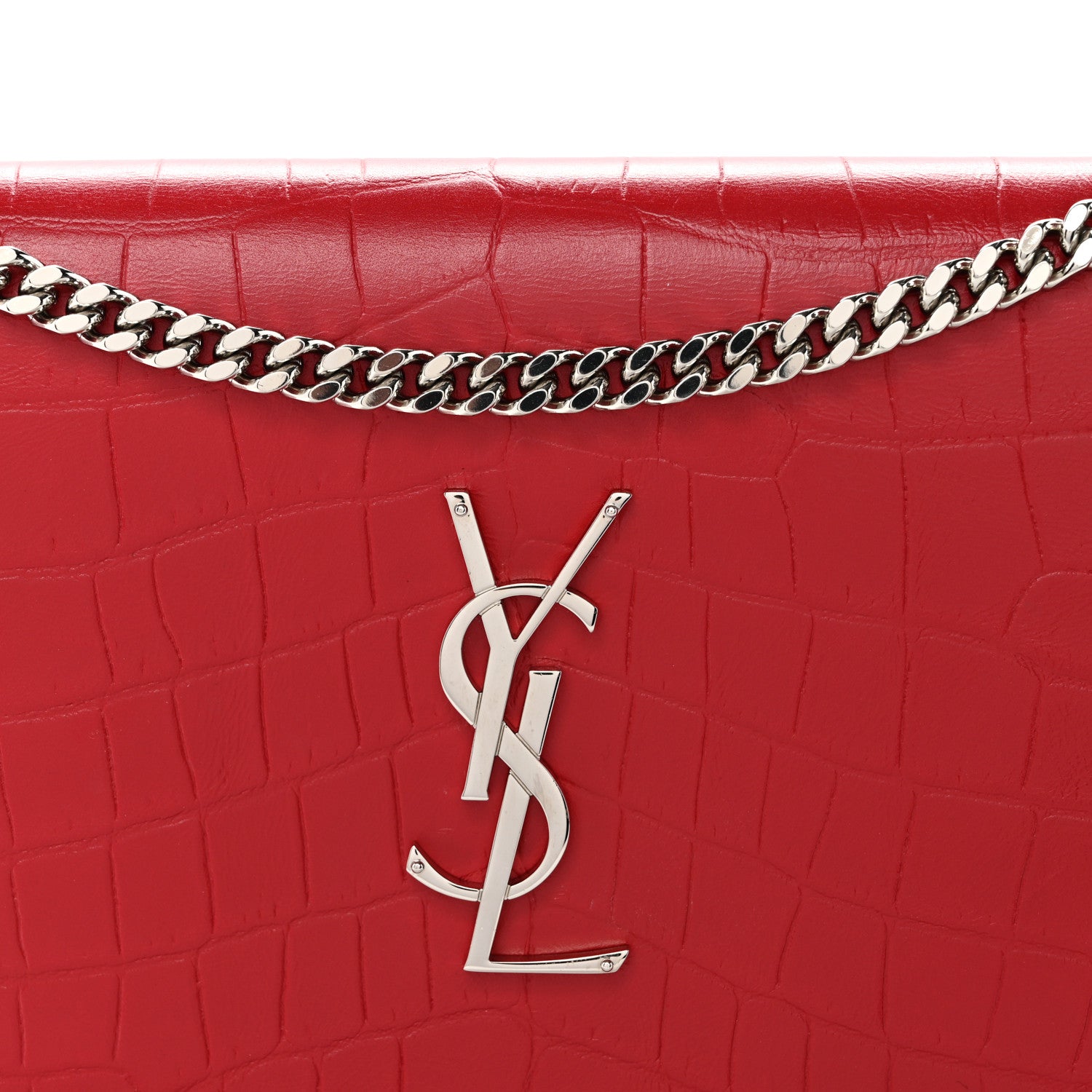 Saint Laurent Calfskin Crocodile Embossed Monogram Chain Wallet New Red 8 of 11