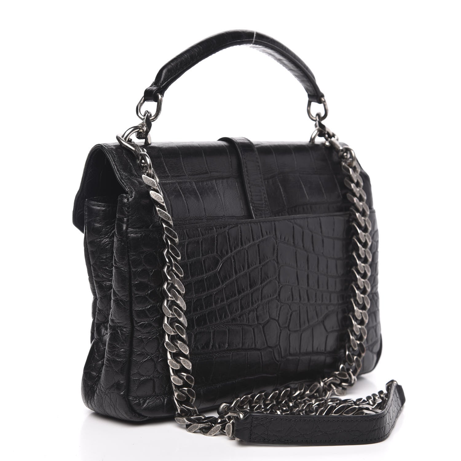 Saint Laurent Calfskin Crocodile Embossed Medium College Monogram Satchel Black 3 of 12