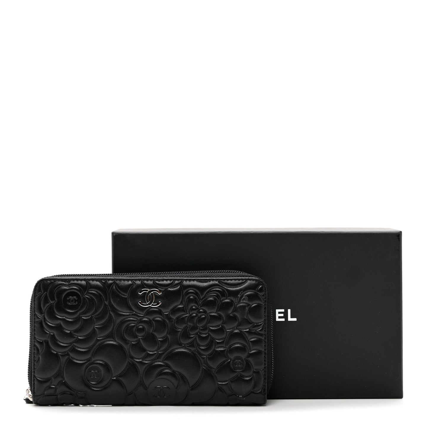 Lambskin Camellia Embossed Zip Around Gusset Wallet Black