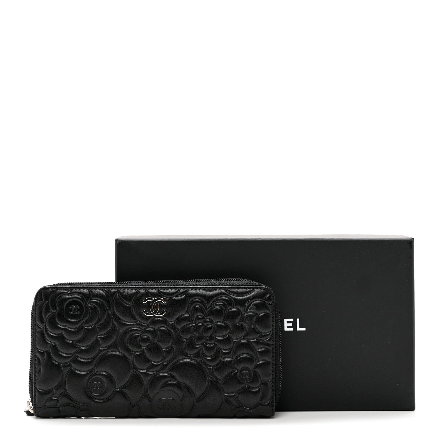 Chanel Lambskin Camellia Embossed Zip Around Gusset Wallet Black 9 of 9