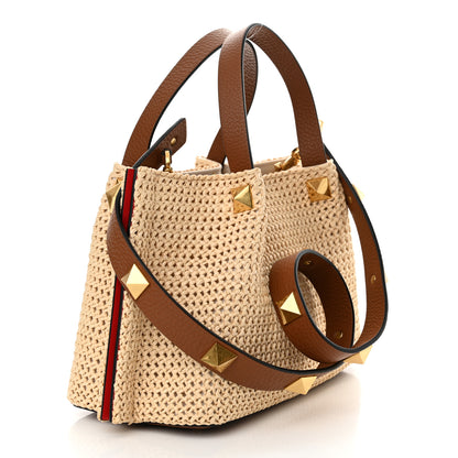 Valentino Garavani Raffia Grained Calfskin Small Rockstud Vlogo Tote Naturale 3 of 9