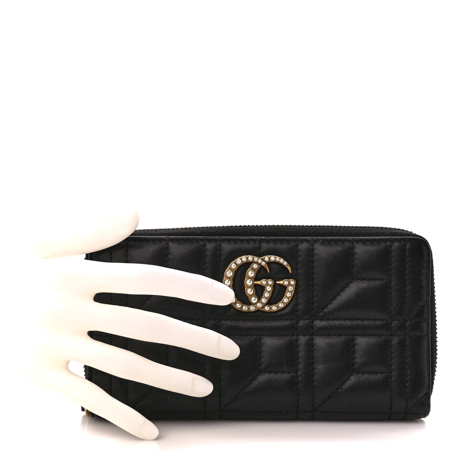 Gucci Calfskin Matelasse Pearly GG Marmont Zip Around Wallet Black 2 of 10