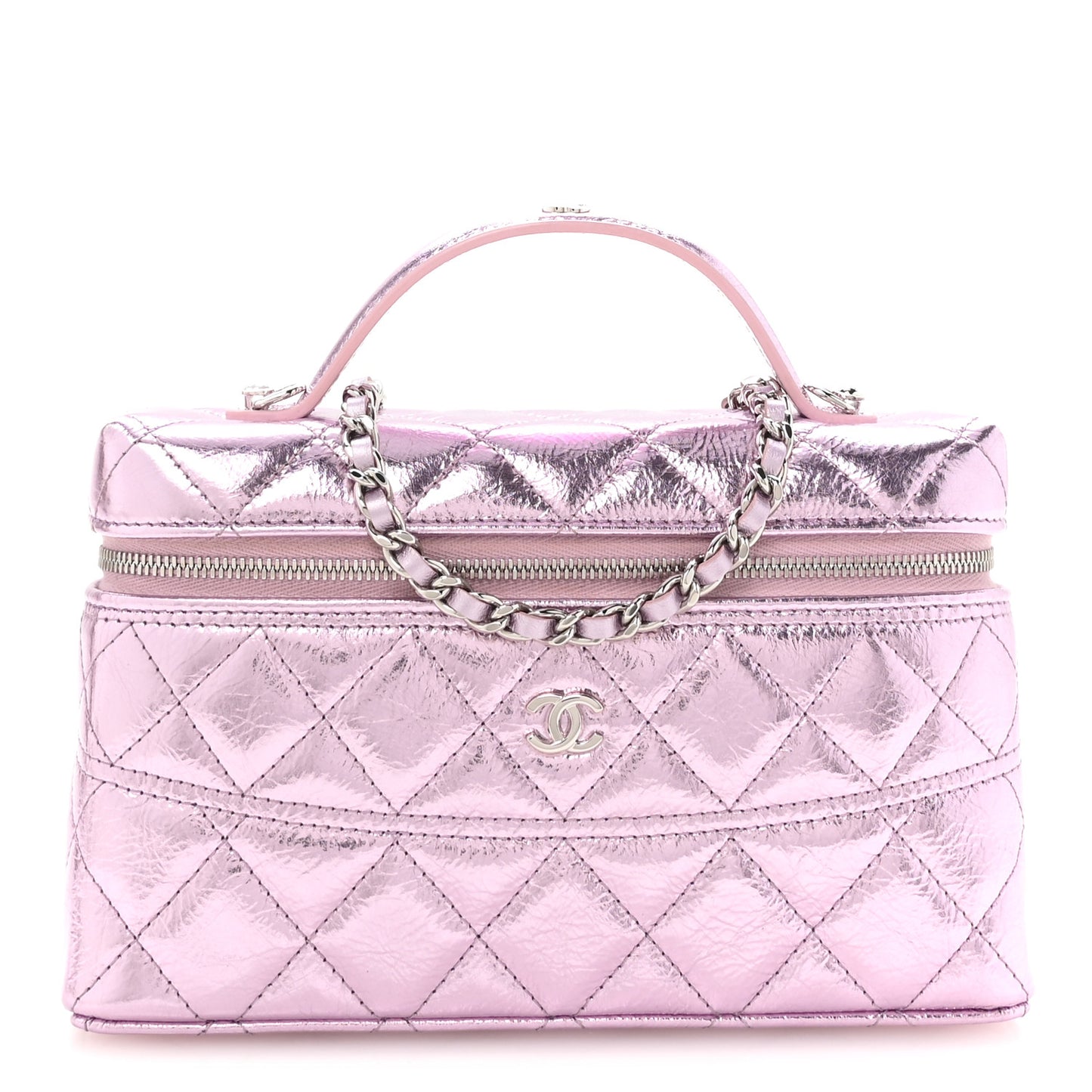 Metallic Calfskin Quilted Slim Vanity With Chain Pink