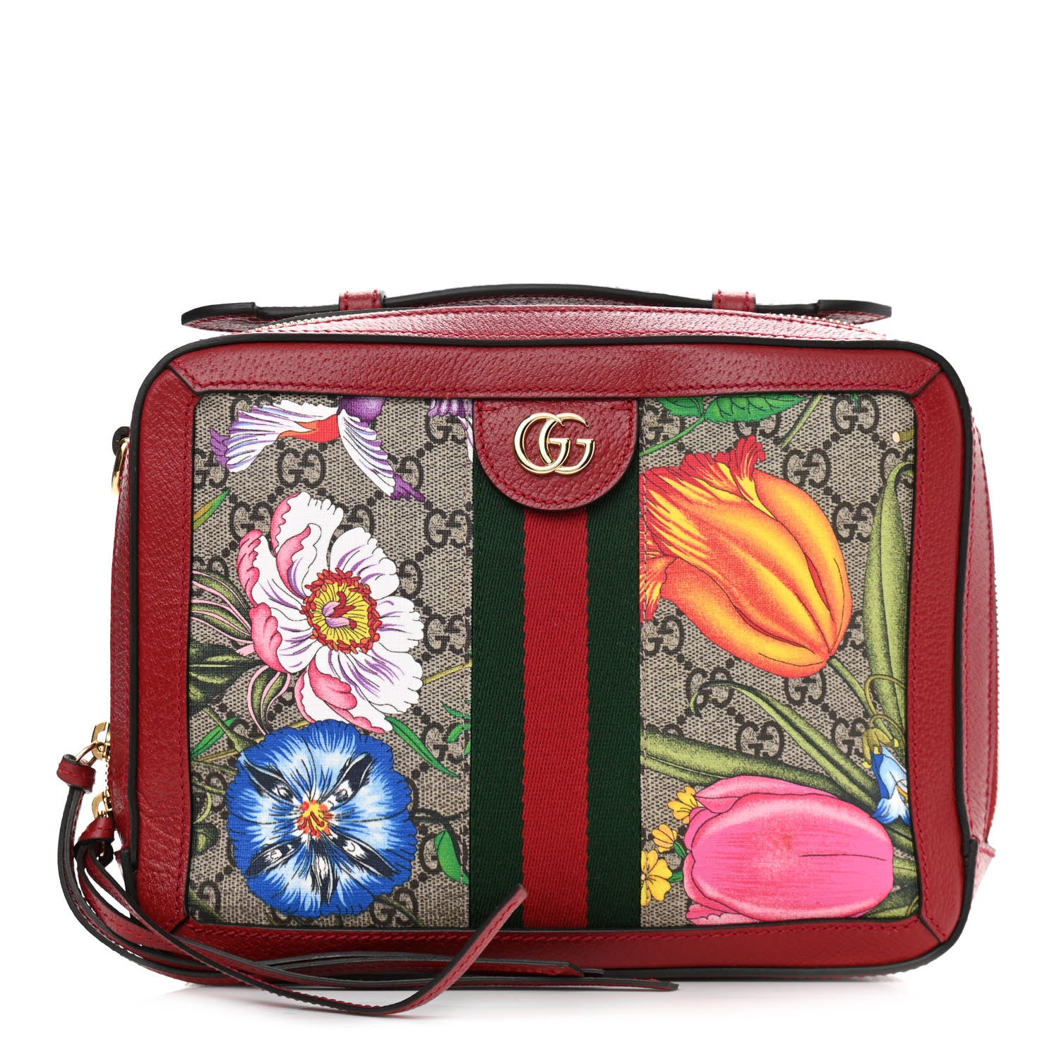 Gucci GG Supreme Monogram Flora Web Small Ophidia Top Handle Shoulder Bag Hibiscus Red 1 of 11