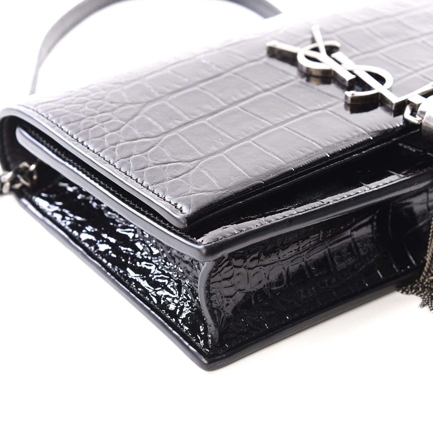 Calfskin Crocodile Embossed Kate Monogram Tassel Chain Wallet Black