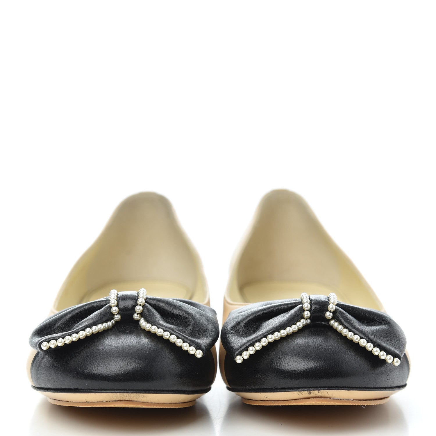 Chanel Lambskin Pearl Bow Ballerina Flats 37 Beige Black 2 of 16