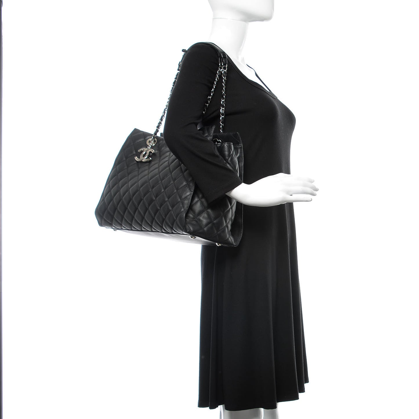 Calfskin Quilted Large Chic and Soft Shopping Tote Black