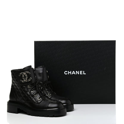 Chanel Shiny Lambskin Quilted Lace Up Combat Boots 36.5 Black 13 of 13
