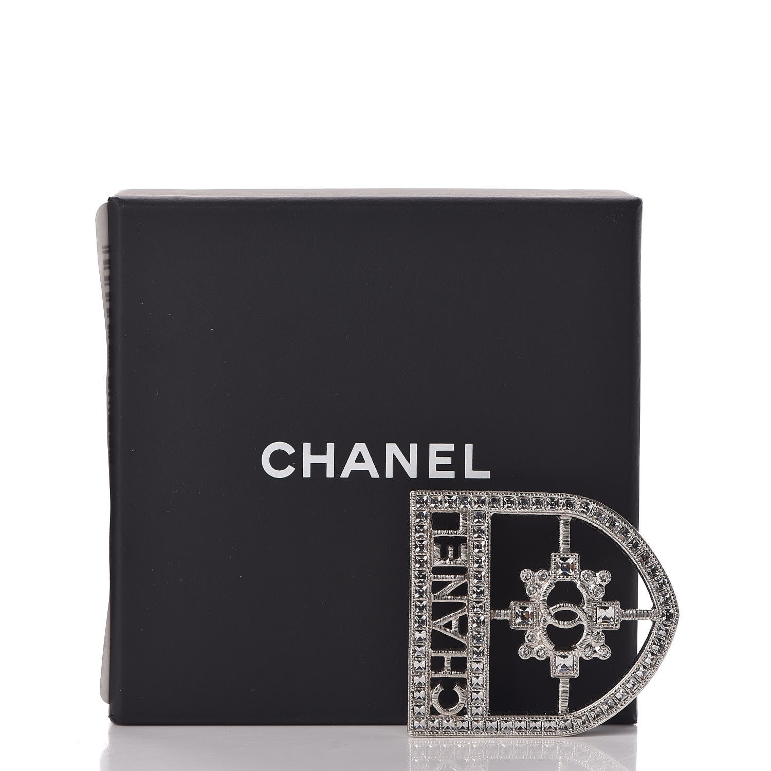 Chanel Swarovski Baguette Crystal CC Shield Brooch Silver 5 of 5