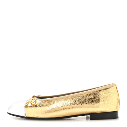 Chanel Metallic Crackled Laminated Calfskin CC Cap Toe Ballerina Flats 37.5 Gold Silver 1 of 9