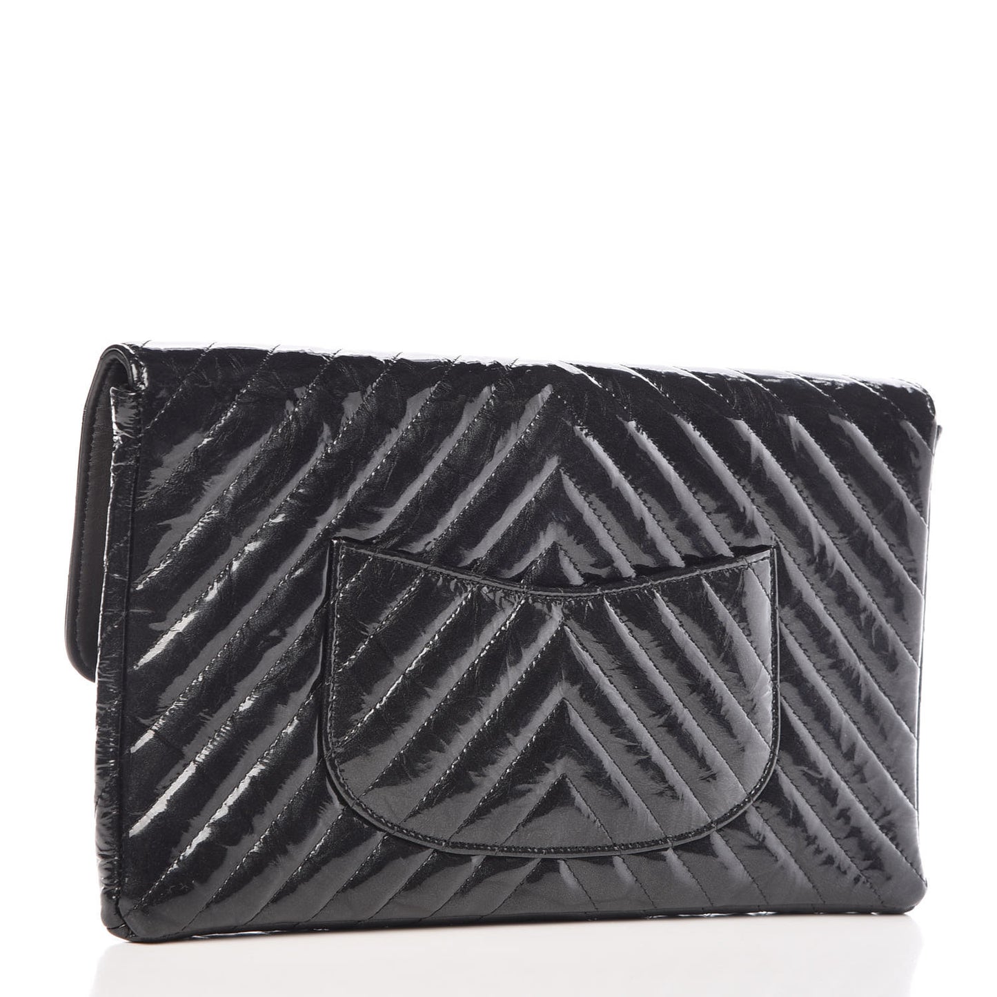 Patent Metallic Crumpled Calfskin Chevron Quilted Envelope Clutch Black