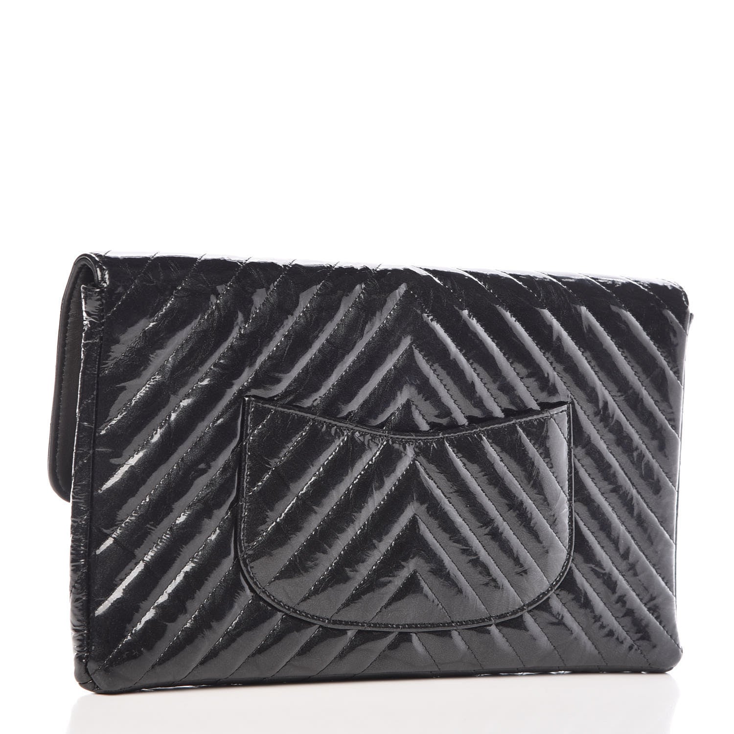 Chanel Patent Metallic Crumpled Calfskin Chevron Quilted Envelope Clutch Black 3 of 10