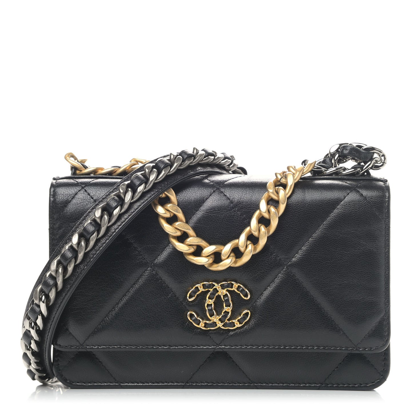 Goatskin Quilted Chanel 19 Wallet On Chain WOC Black