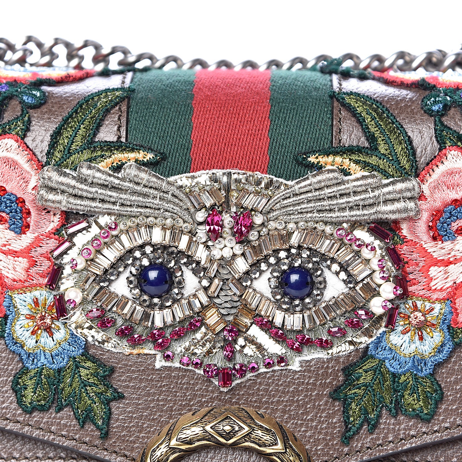 Gucci Calfskin Web Owl Embroidered Medium Dionysus Shoulder Bag New Acero Multicolor 9 of 13