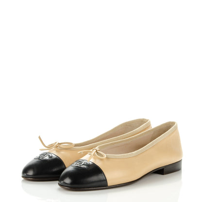 Chanel Lambskin Cap Toe Ballerina Flats 36.5 Beige Black 3 of 11