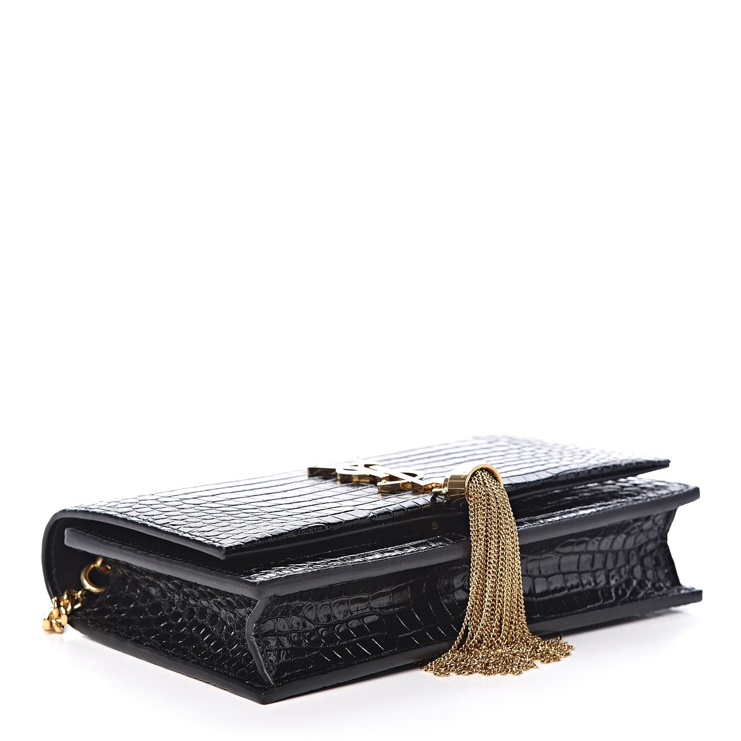 Saint Laurent Calfskin Crocodile Embossed Kate Monogram Tassel Chain Wallet Black 4 of 11