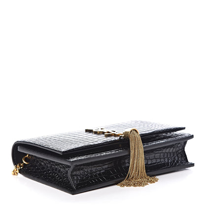Saint Laurent Calfskin Crocodile Embossed Kate Monogram Tassel Chain Wallet Black 4 of 11