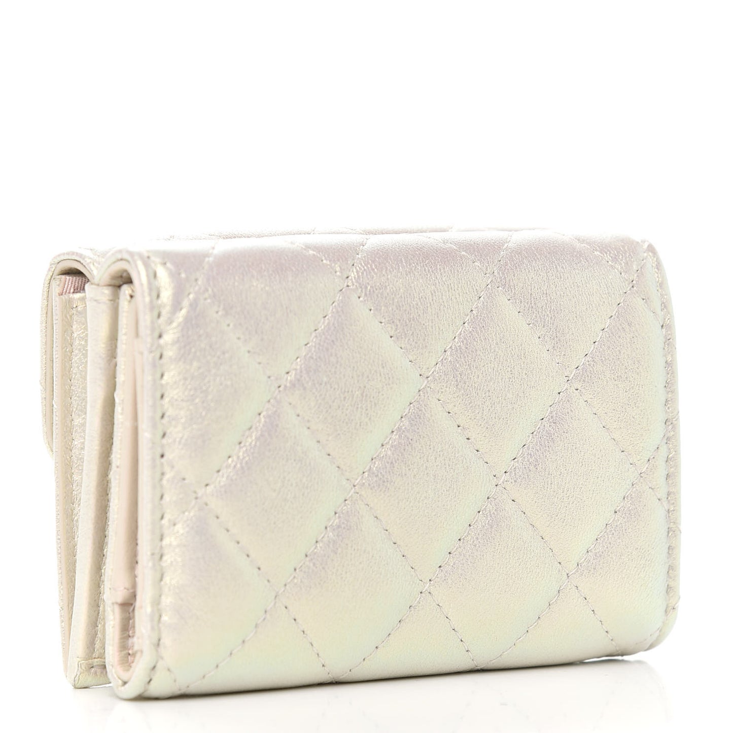 Iridescent Lambskin Quilted Double Flap Wallet Ivory