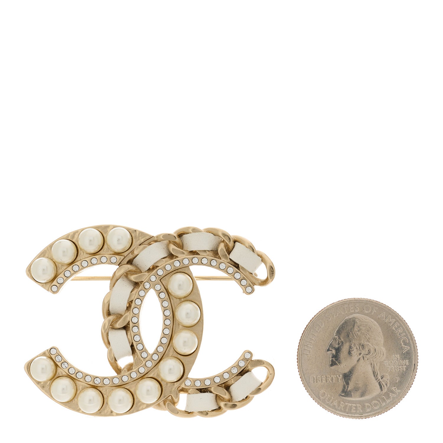 Chanel Lambskin Pearl Crystal CC Chain Brooch White Gold 2 of 5