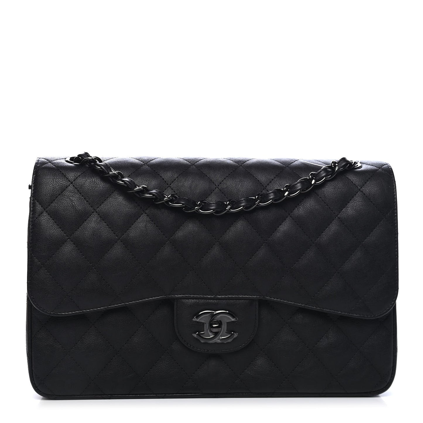 Crumpled Calfskin Quilted Jumbo Double Flap So Black