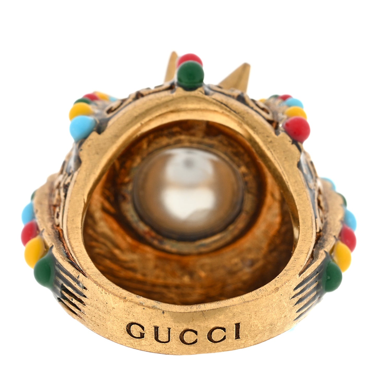 Pearl Beaded Spiked Ring 55 7.25 Aged Gold Multicolor