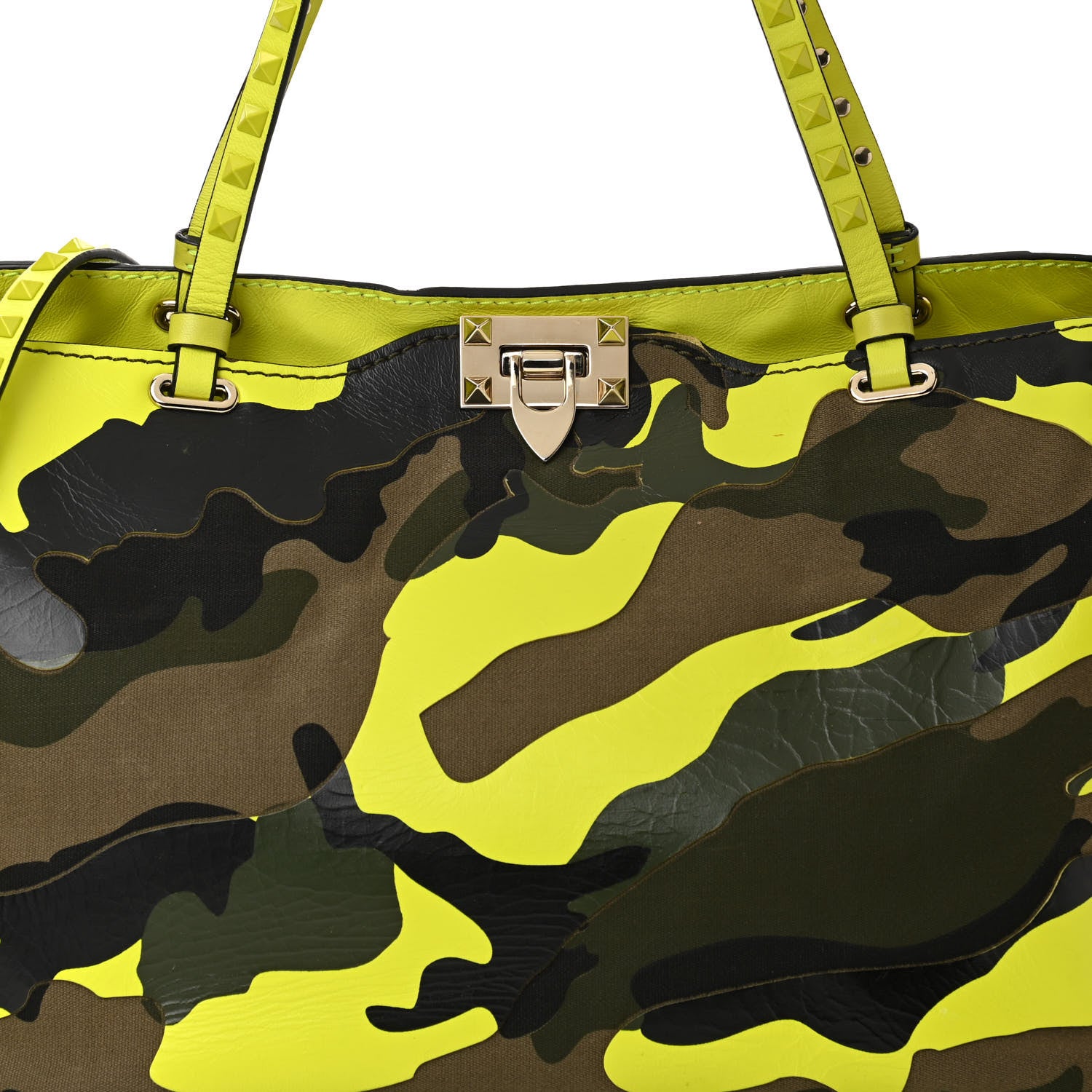 Valentino Garavani Nappa Canvas Camouflage Medium Rockstud Tote Green Fluo Yellow 8 of 16