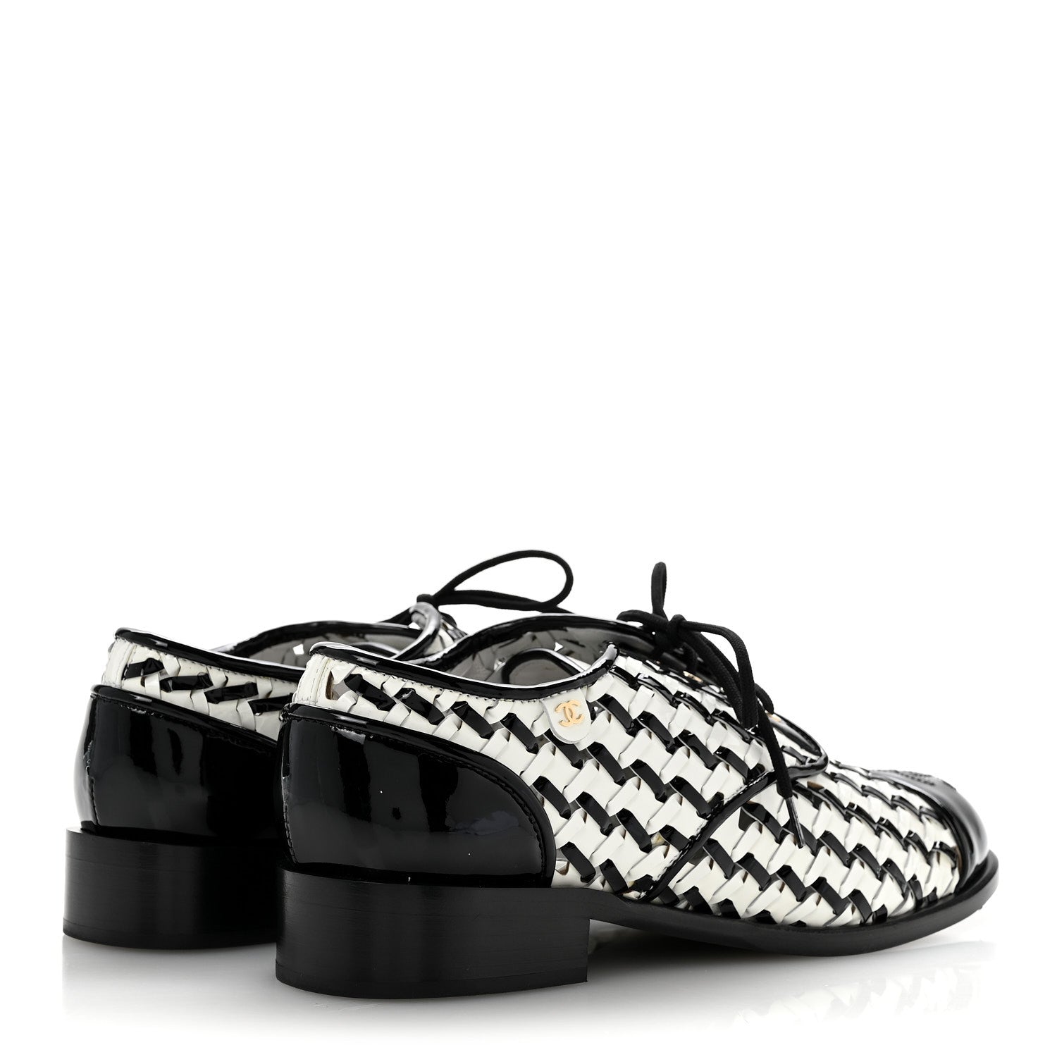 Chanel Lambskin Braided Patent CC Lace Up Oxfords 39 Black White 5 of 11