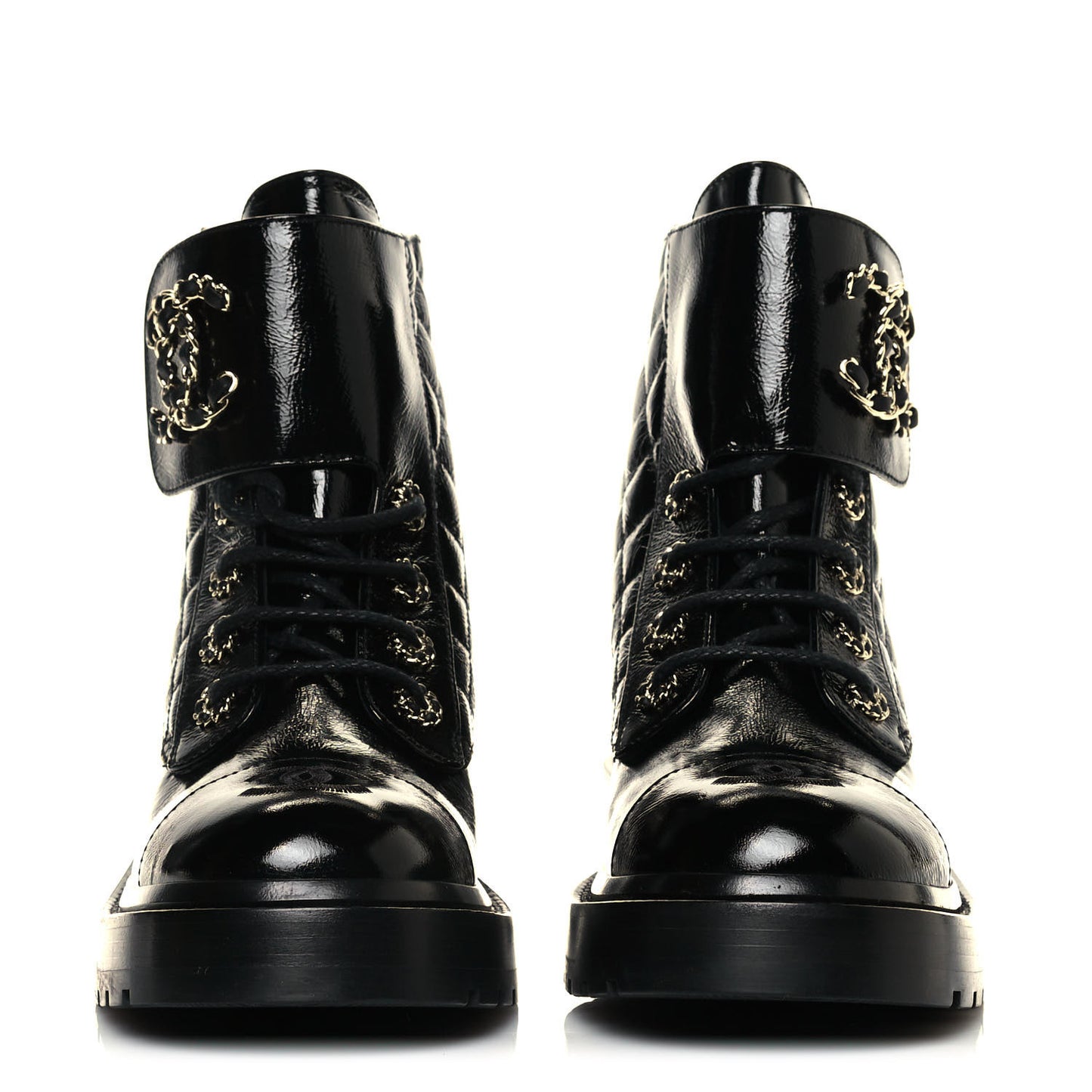 Shiny Calfskin Quilted Lace Up Combat Boots 36.5 Black