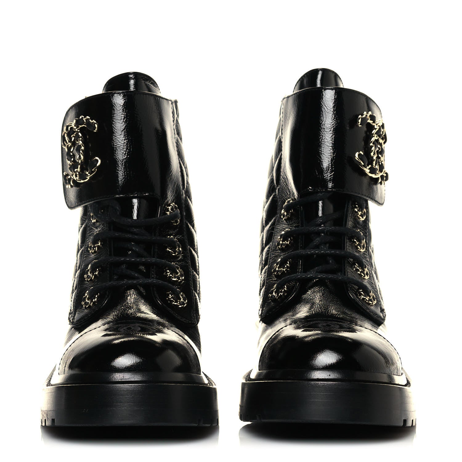 Chanel Shiny Calfskin Quilted Lace Up Combat Boots 36.5 Black 2 of 11